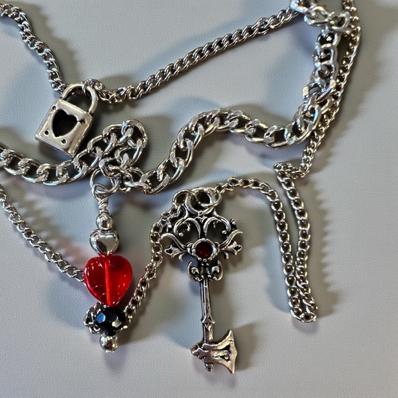 Layered Gothic Heart Lock and Key Pendant Necklace - Picture 6 of 16